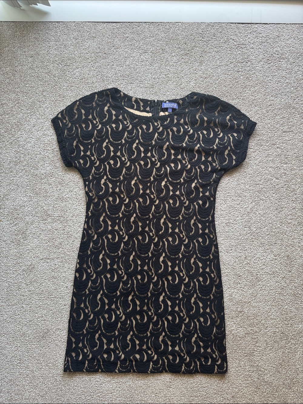 Vintage Vivienne Tam Black Lace Overlay Nude Lined Dress S Made in USA